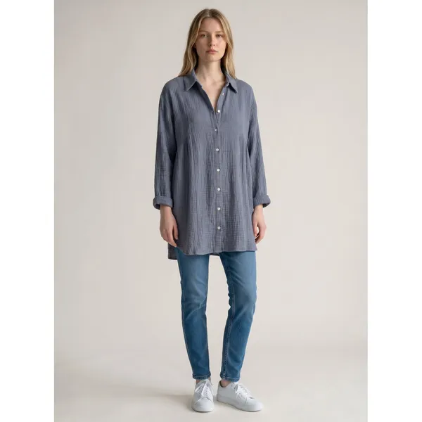 Zara‎ Slate Blue Grey Textured Cotton Gauze Button Down Shirt Dress Oversized M - Image 2