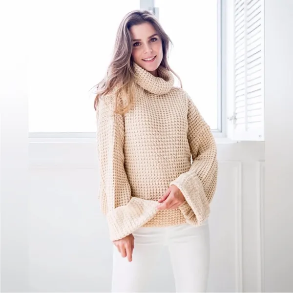 Goodnight Macaroon Retta Cognac Ribbed Waffle Knit Oversized Cropped Turtleneck - Image 3