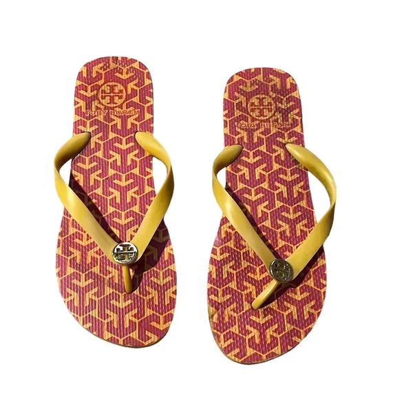 Tory Burch Women's Flip Flop Sandals Yellow Straps Red/Orange Geometric Pattern - Image 2