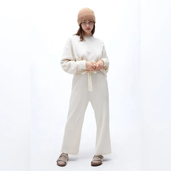 Charlie Holiday Journey Cream Waffle Knit Wide Leg Lounge Pants Drawstring - Image 5