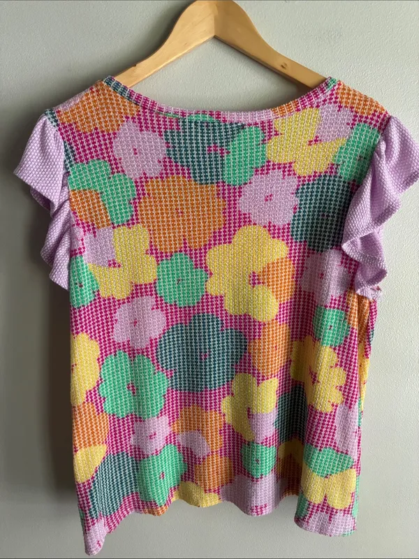 Haptics Floral Waffle Knit Flutter Sleeve Top Pink Multicolor Size Medium - Image 5