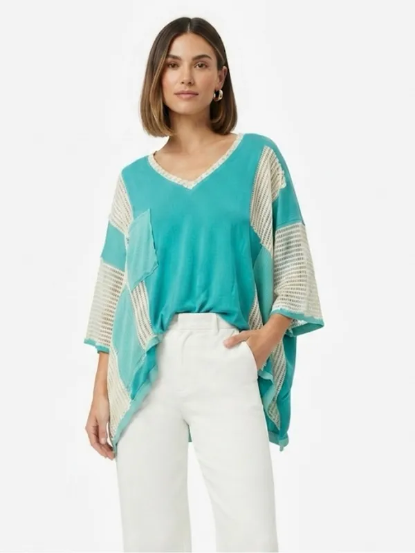 POL Bohemian Oversized Contrast Crochet Tunic Top – Teal & Cream – Size S - Image 10