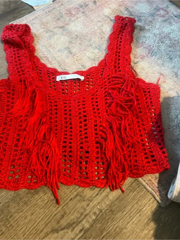 Zara Red Crocheted Fringe Crop Tank Top - Image 7