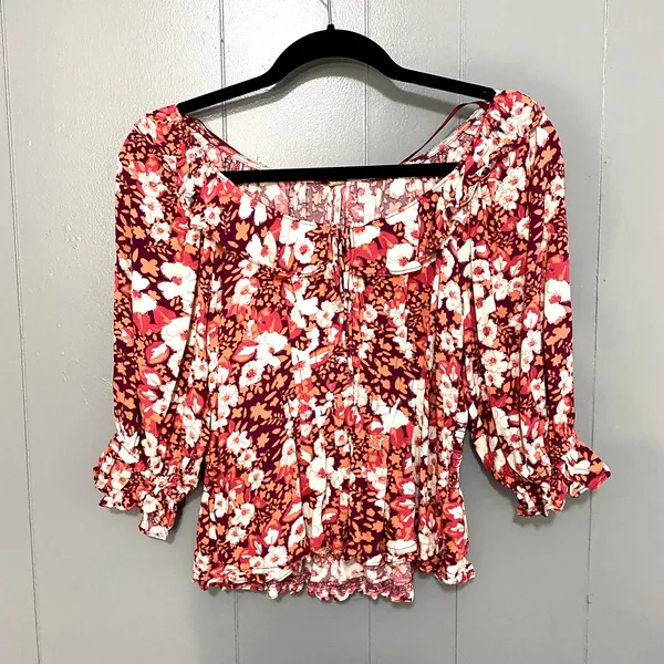 Free People Red Fruit Punch Sweet Memories Smocked Waist Boho Blouse M - Image 2