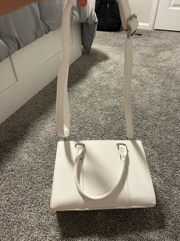 White Structured Satchel Purse Crossbody Handbag Faux Leather Classic - Image 2