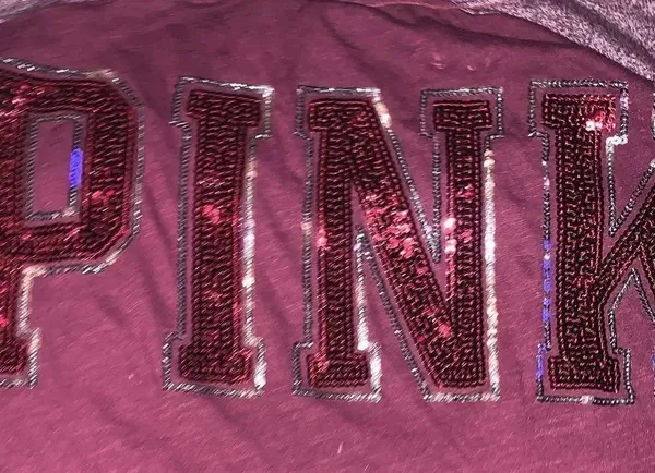 Victoria's Secret PINK Sequin Bling V-Neck Varsity Crew Tee Maroon Medium - Image 2