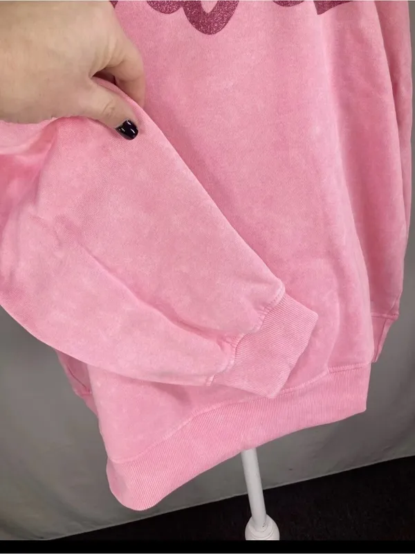 Barbie Pink Wash Pullover Crewneck Sweatshirt Pink Glitter Logo Pullover Med - Image 4