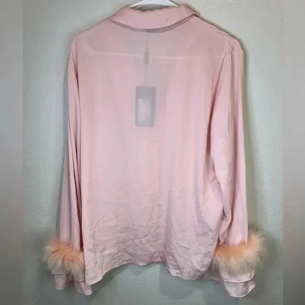 JAYLEY Pink Awilix Day to Night Feather‎ Trim Silk Sleep Trim Long Sleeve Blouse - Image 7