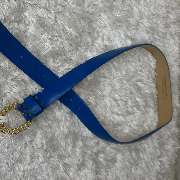 Royal Blue Leather Deadstock Wide Belt Gold "Chain" Buckle Sz XL - Image 3