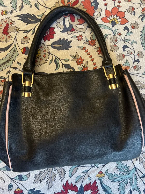 Sleek Black Pebbled Tote with Pink Trim and Gold Hardware - Image 2