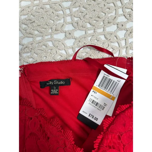 City Studio Ruby Red Lace Fit & Flare Dress Size 3 Rhinestone Waist NWT - Image 4