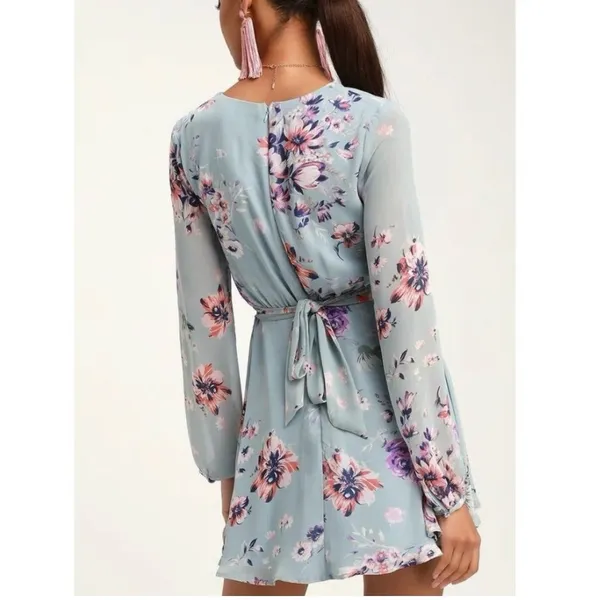 Lulus Always Yours Light Blue Floral Print Long Sleeve‎ Skater Dress SMALL - Image 4