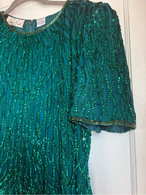 Vintage Laurence Kazar Emerald Green Silk Beaded Sequin Cocktail Dress Large - Image 2
