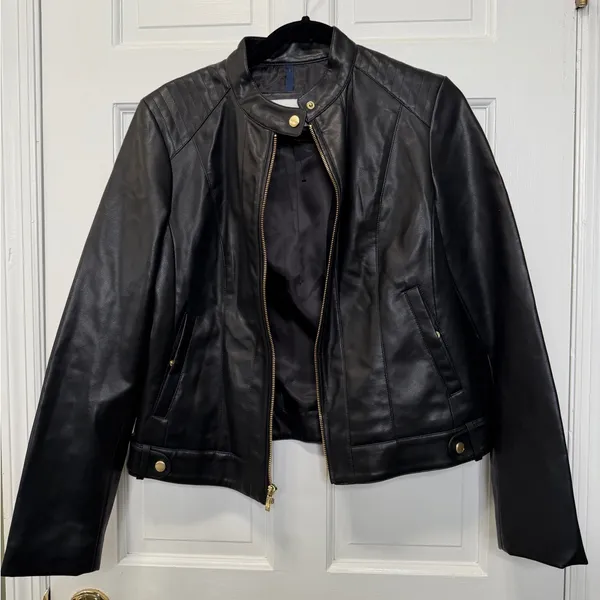 Cole Haan Signature Faux Leather Quilted Biker Jacket Black‎ Gold Size Medium - Image 3
