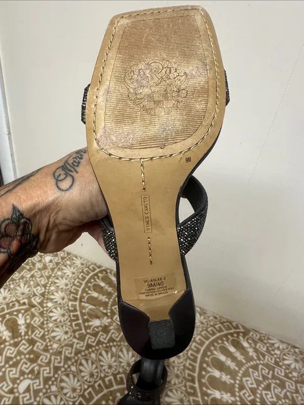 Vince Camuto Black Rhinestone Double-Strap Slide Heels - Image 4