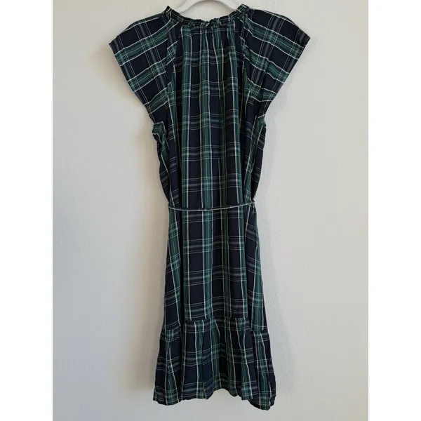 Loft Dress Women's 12 Blue Green Plaid‎ Shift Belted Short Sleeve Pleated Lined - Image 7