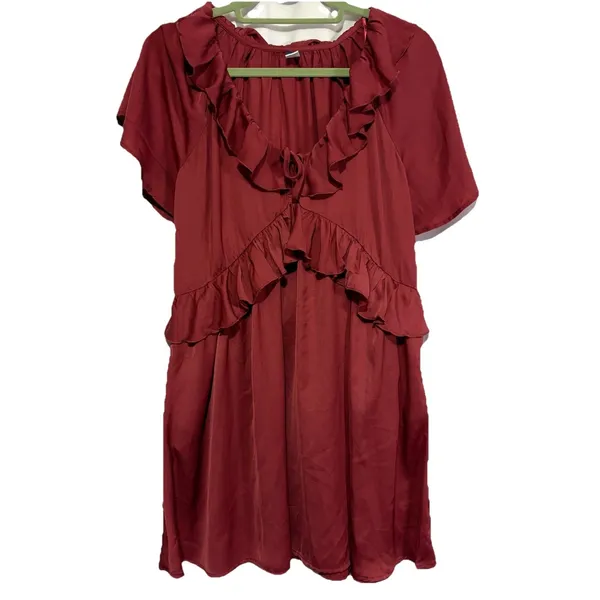 Old Navy Women’s Satin Ruffle Mini Dress Medium Burgundy Romantic Feminine Fairy - Image 3