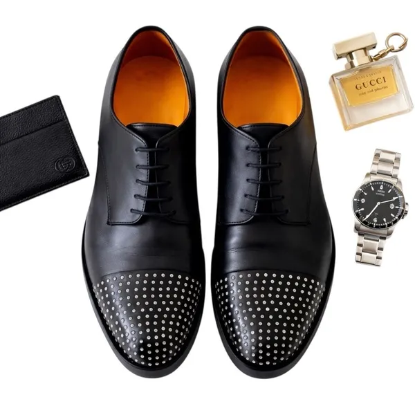 Gucci Black Leather Studded Cap Toe Oxford Shoes Authentic COA EU37 Italy in EUC - Image 2