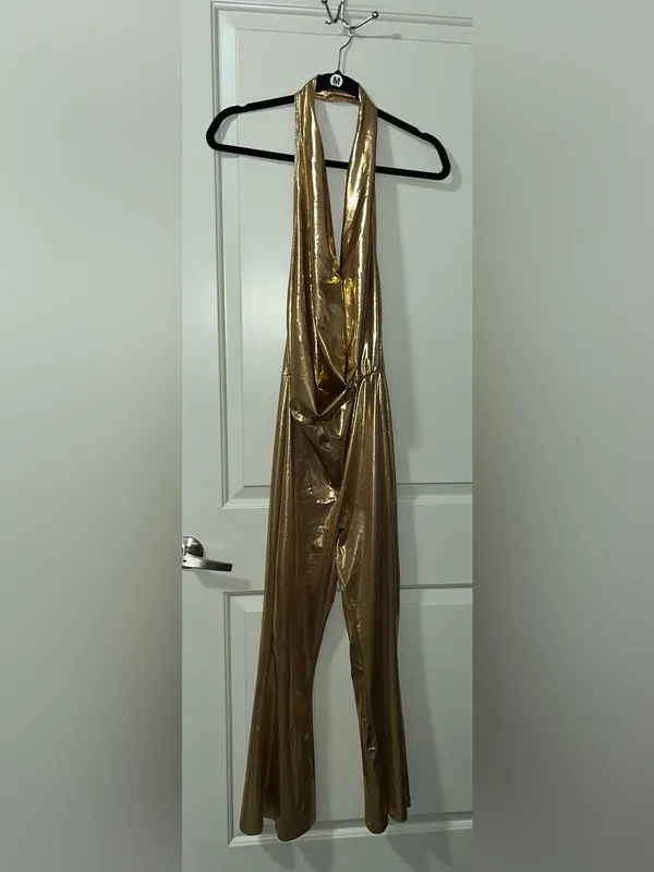 SHEIN Sexy Metallic Gold Halter Twist-Front Jumpsuit - Image 2