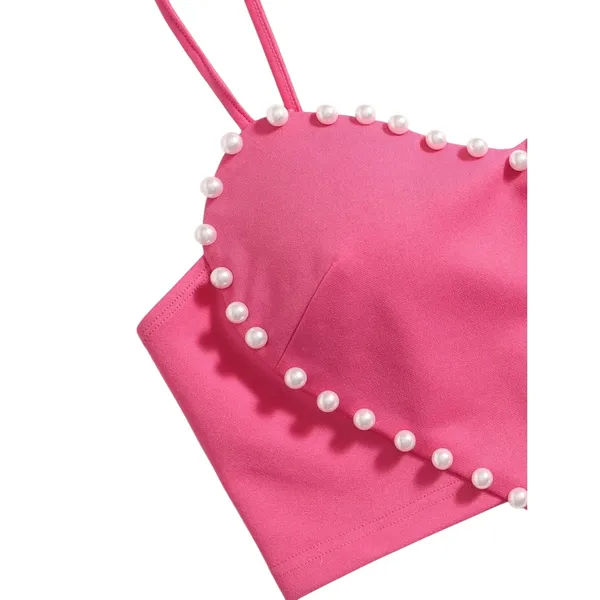 NWT WDIRARA Heart Pearl Crop Top Hot Pink Cami Spaghetti Strap Size Small - Image 3