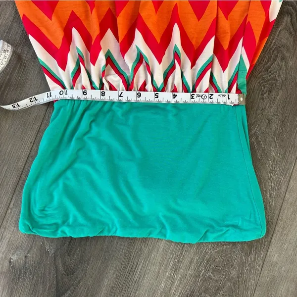 Gilli Turquoise Strapless Maxi Dress with Chevron Coral and Orange Accents Small - Image 7