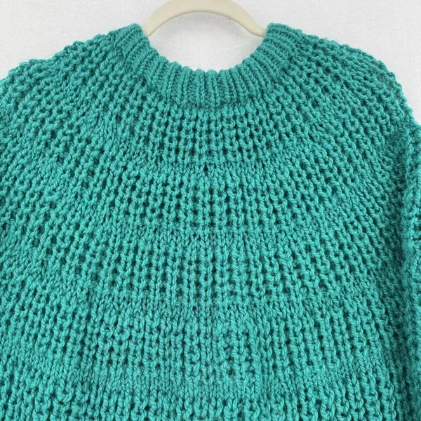 Handmade Chunky Knit Sweater Women XL Teal Turquoise Oversized Balloon Sleeve - Image 4
