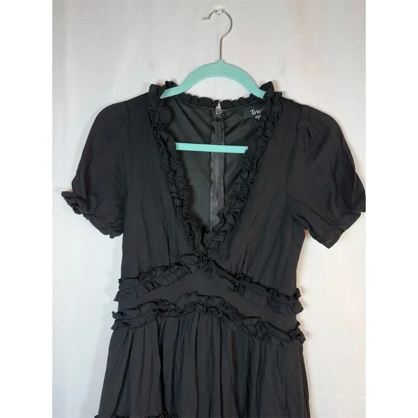Trixxi Dress Womens Size S Black V-Neck Tiered Mini Puff Sleeve Ruffle - Image 2