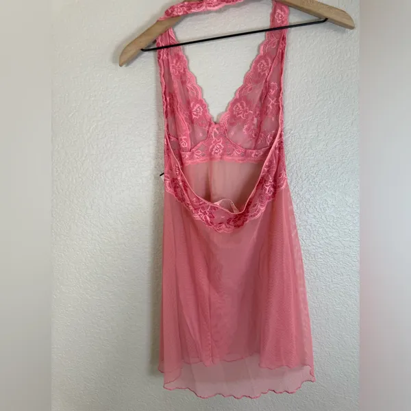 Vintage 90’s 2000’s Victoria’s Secret Chemise Sheer Pink with Lace Halter M L - Image 7