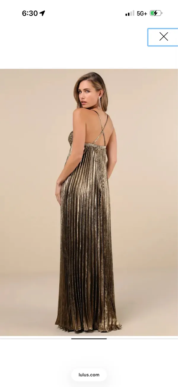 Brilliant Allure Gold Metallic Lurex Pleated Maxi Dress - Image 4