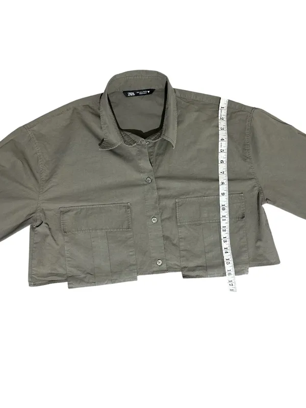 Zara Olive Green Utility Cargo Cropped Button Down Shirt L Large Shacket - Image 6