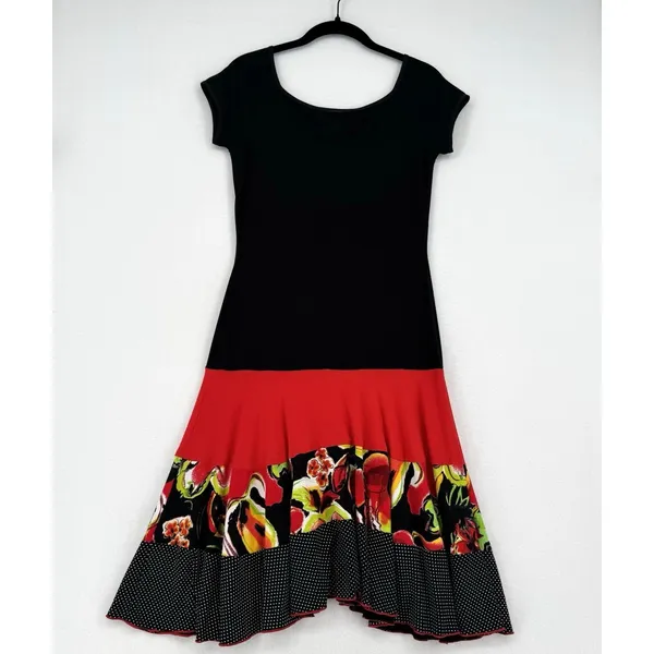 Vintage 90s Joseph Ribkoff Dress Size 6 Black Red Floral Polka Dot Tiered Midi - Image 2