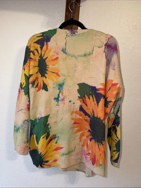 Vintage Sunflower Watercolor Sweater Cardigan - Image 5