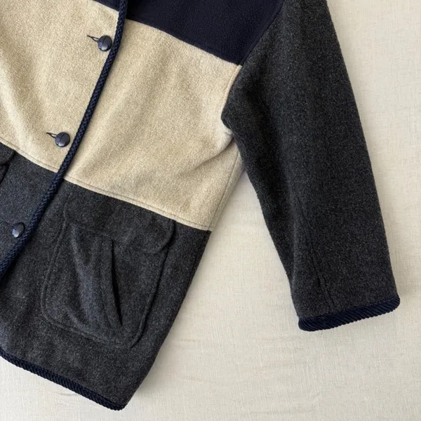 Herman Kay Vintage Women 12 Colorblock Wool‎ Coat Sherpa Collar Navy Grey Beige - Image 7