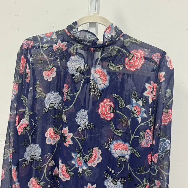 LOFT Floral Chiffon Ruffle Tie Neck Smocked Cuff Blouse Large Navy Blue Sheer - Image 4