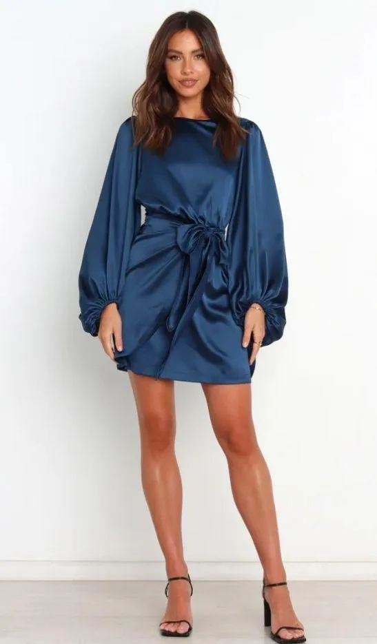 Petal & Pup Opal Navy Blue Satin Long Balloon Sleeve Wrap Mini Dress 4 - Image 6