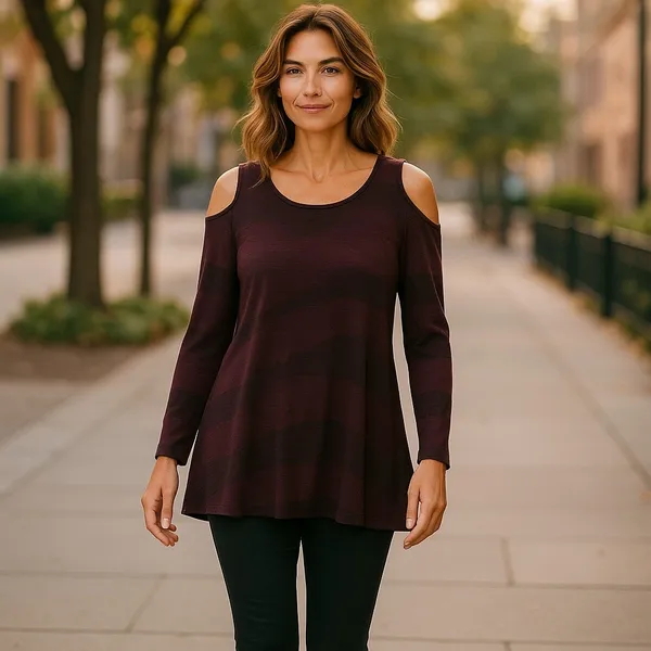 Soma Women's Cold Shoulder Tunic Merlot Agile Lines Banded Cuffs‎ Size Medium - Image 2
