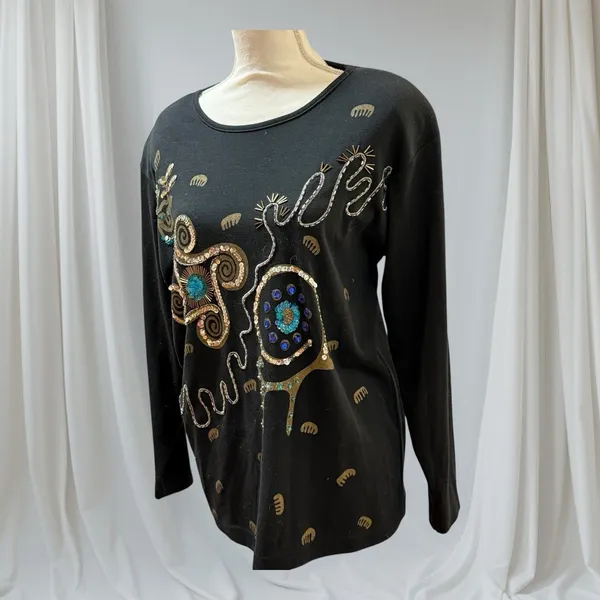 Christina Vintage 80s Beaded Sequin Sweater Black Blue‎ Ramie Cotton - Image 2