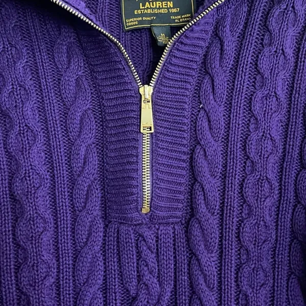 Ralph Lauren black label cotton half zip sweater, Purple Cable Knit size medium - Image 2