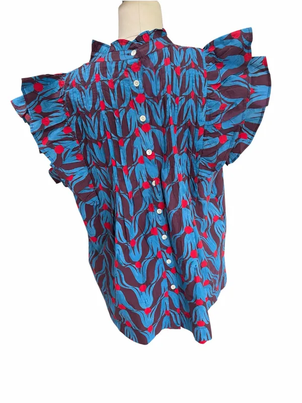 Oliphant Pintuck Blue and Burgundy Floral Ruffle-Sleeve Blouse large - Image 4