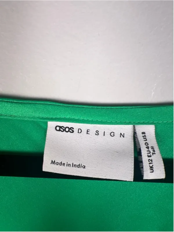 ASOS DESIGN Satin Wrap Midi Dress US 8 Green Balloon Sleeve Ruched Side Slit - Image 3