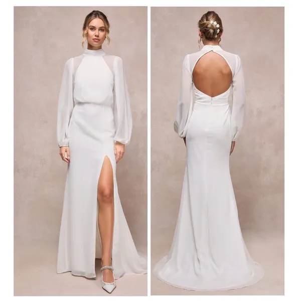 Lulus Graceful Love White Long Sleeve Backless Mermaid Maxi Dress Size Small - Image 2