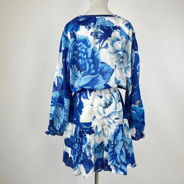 NWOT Cotton Blue Floral V Neck Mini Dress Size L - Image 5