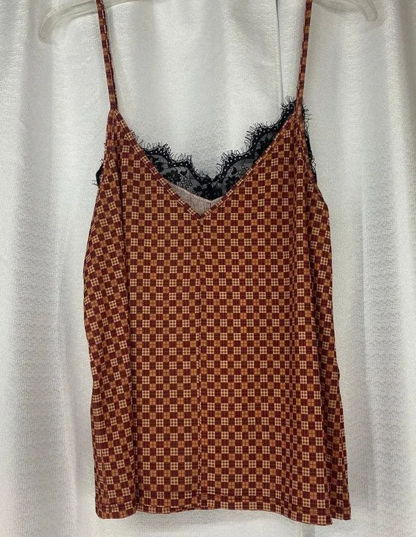 Zara Tank red gold check pattern black lace Spaghetti Tank women sz L - Image 3