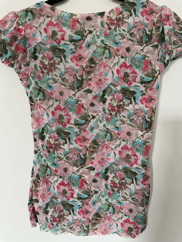 Ann Taylor Loft Pink Floral Mesh Ruched Short Sleeve Top XS - Image 3