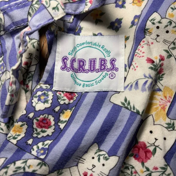 80s‎ SCRUBS Cat Floral Print Striped Scrub Dress XL Blue Cotton Pockets USA Made - Image 2
