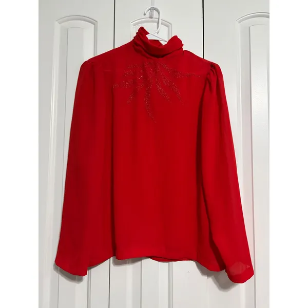 Capree Blouse Vintage 80s Red Beaded Mock Neck‎ Chiffon Button Back 16 Retro - Image 2