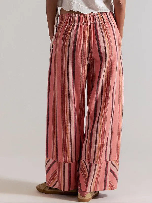 Free People Day's End Linen Striped Pull-On Pants in Soft Coral Combo NWT - Image 2
