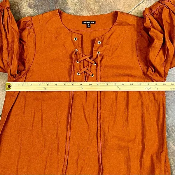 Who What Wear Burnt Orange Linen Blend Lace-Up Neckline Puff Sleeve Dress Small - Image 9