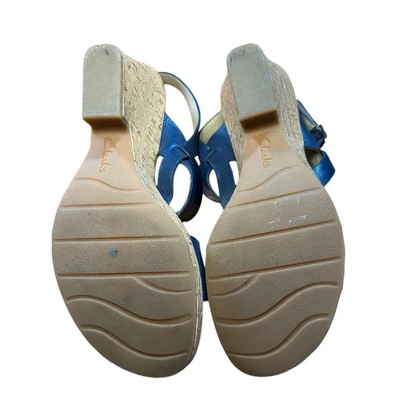 CLARKS Womens Size 10 Blue Cork Wedge Platform Leather Sandals Shoes Comfortable - Image 8
