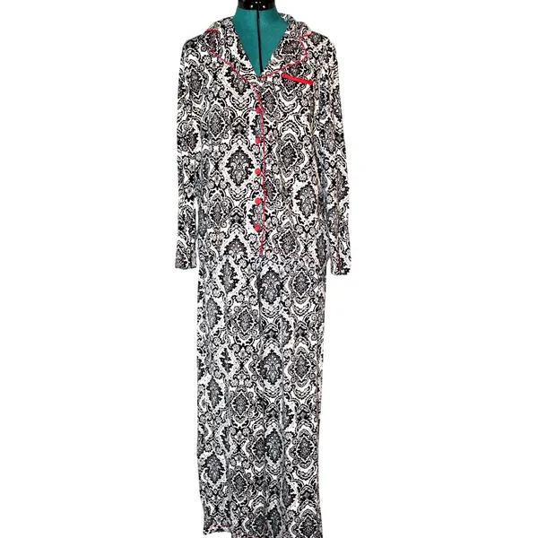 Soma Pajama Set Black White Damask Print Red Trim Women’s Medium Cozy Sleepwear - Image 2